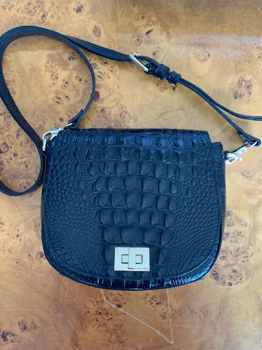 Brahmin Black Croc-Embossed Crossbody with Turn-Lock